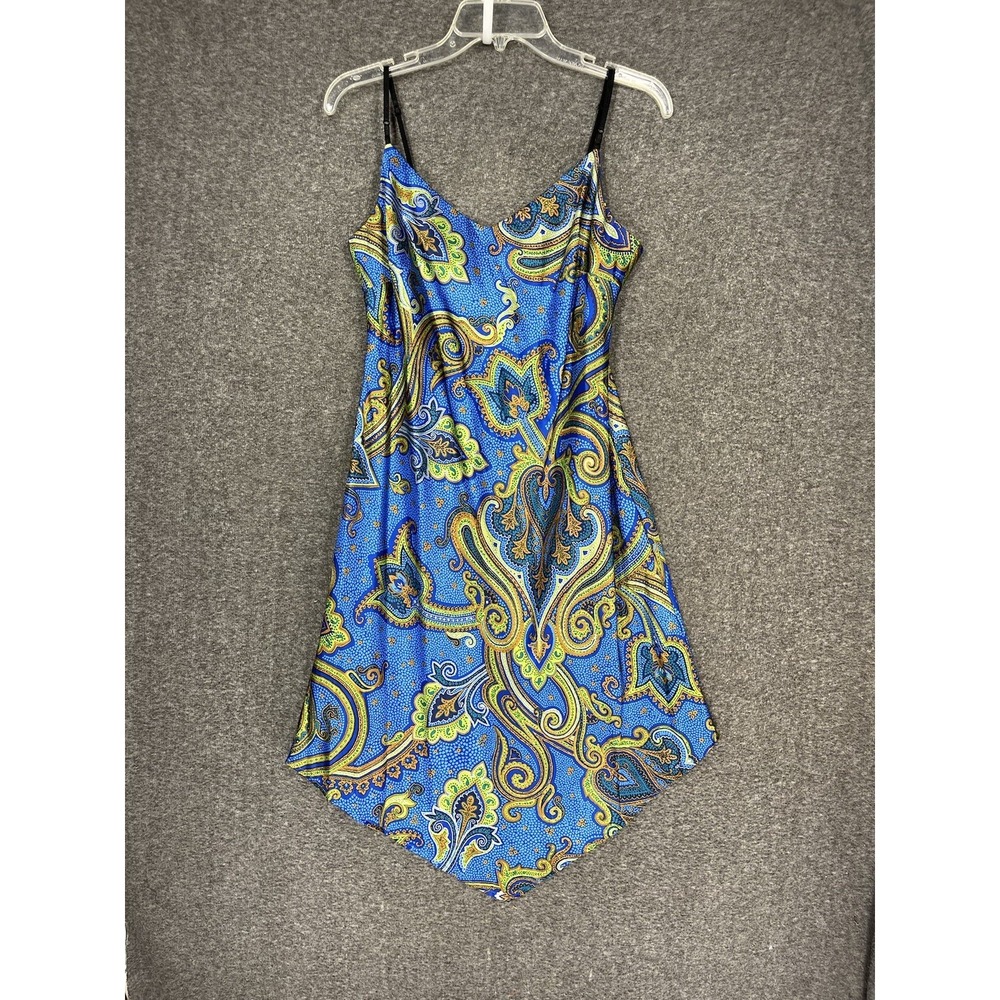 Vintage Just Choon Dress Size 13 Satin Blue Paisley Asymmetrical Hem Y2K 90s
